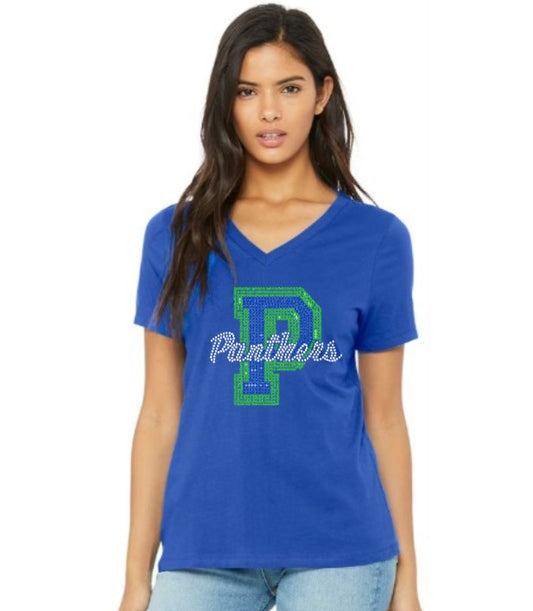 Panthers Rhinestone Womens V Neck Relaxed Fit Tee